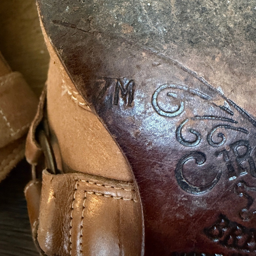 Vintage Circles Tan Leather Western Slingback Mules Size 7 Boho Cowgirl Heels - Picture 8 of 8